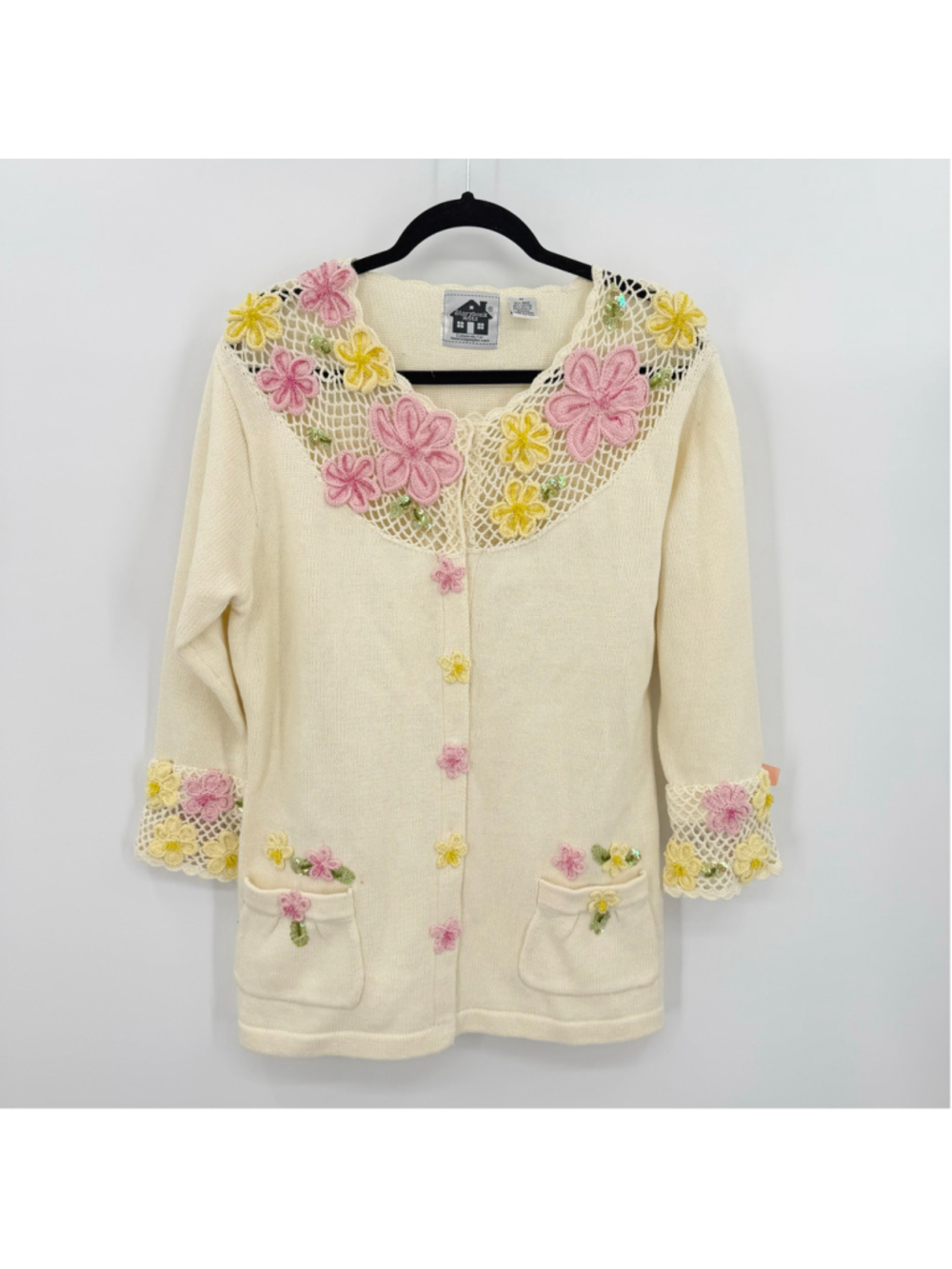 Vintage Storybook Knits Cardigan Sweater Flowers Beads Sequins Crochet Grandma